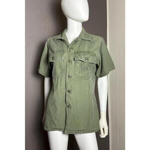 1970's Vintage Seabee's Short Sleeve Fatigue Shirt Naval Vietnam Era Distressed